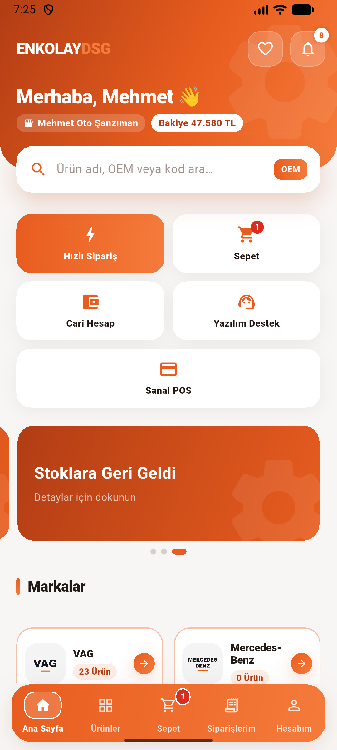 EnkolayDSG uygulaması ana ekranı: hızlı sipariş, sepet, cari hesap, yazılım destek ve sanal POS kısayolları