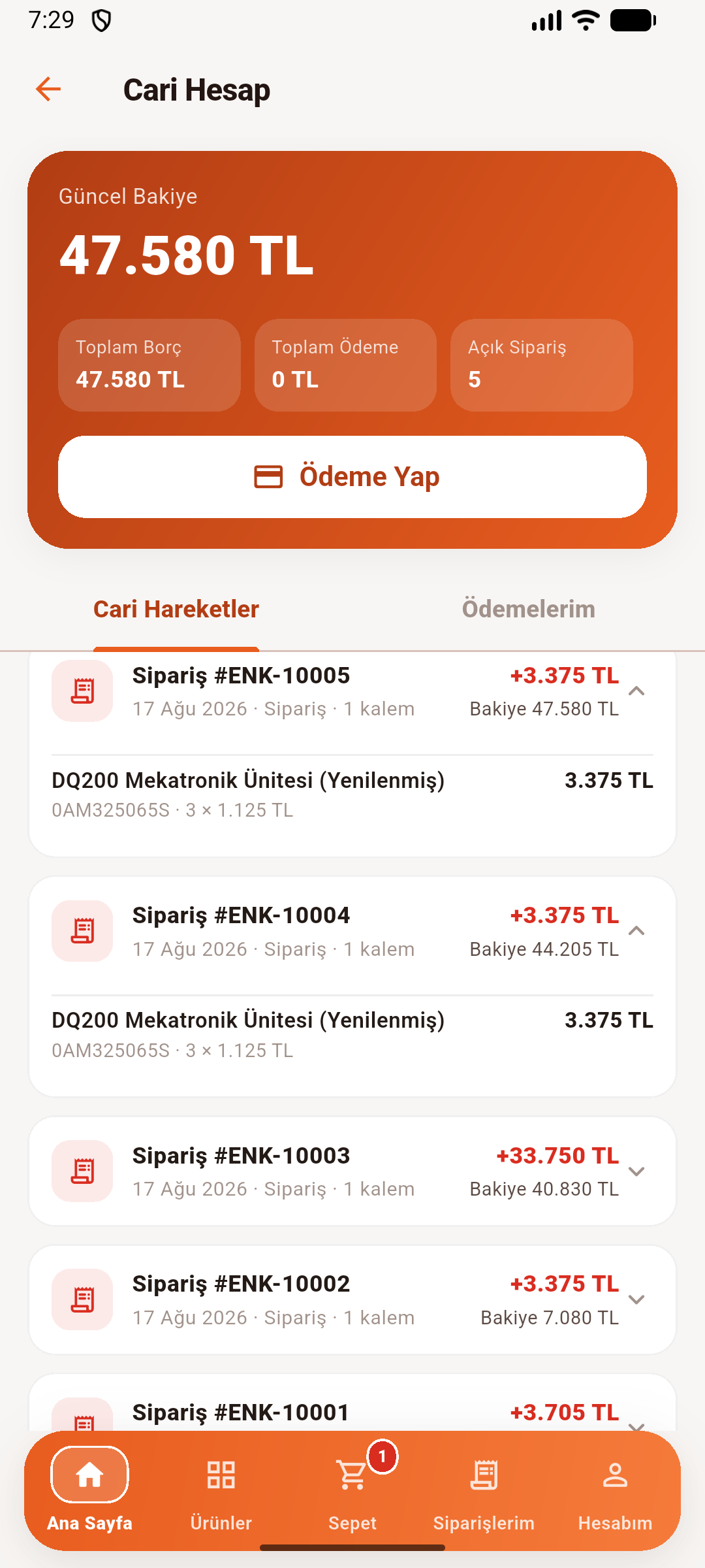 Cari hesap ekstresi ekranı: borç, alacak, bakiye ve sipariş kalemleri