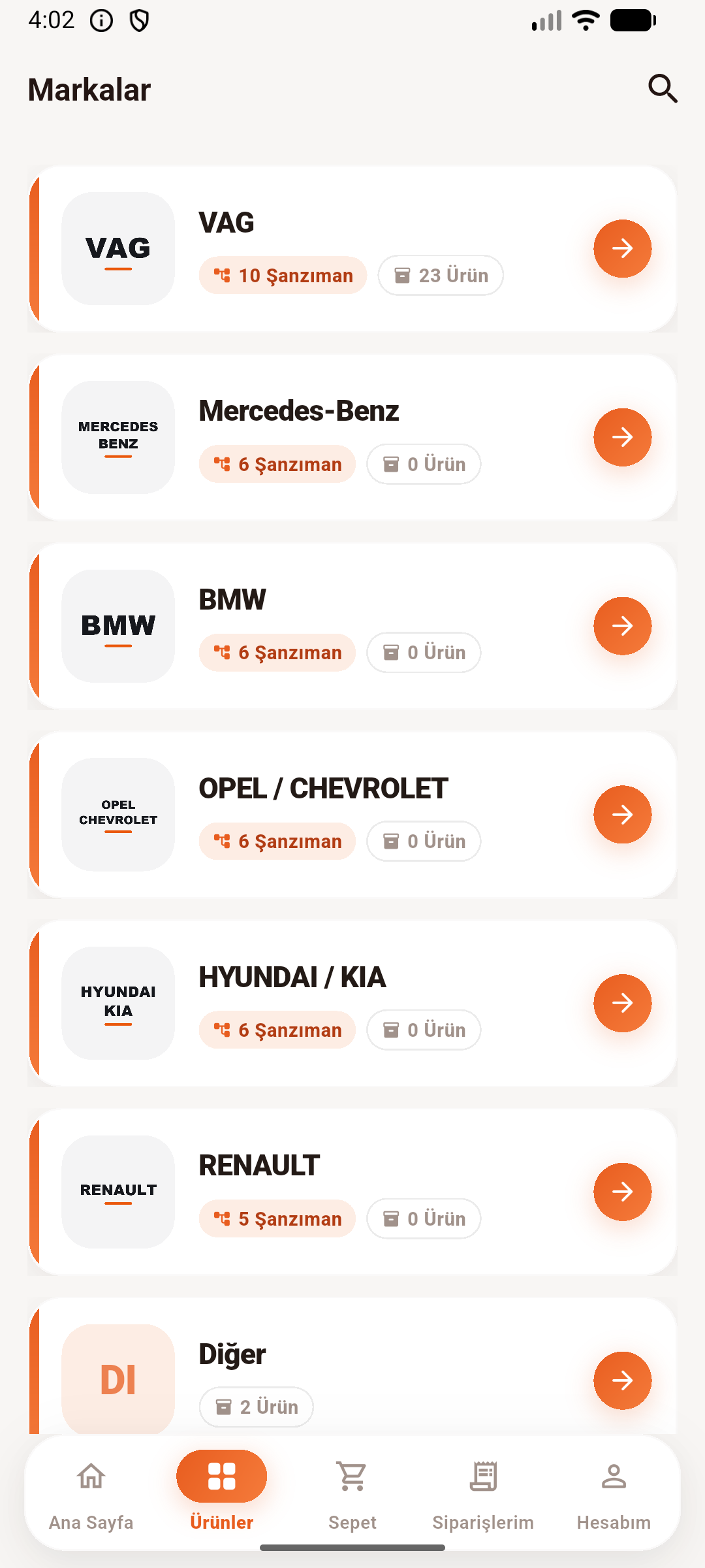 Marka listesi ekranı: VAG, Mercedes-Benz, BMW, Opel/Chevrolet, Hyundai/Kia, Renault
