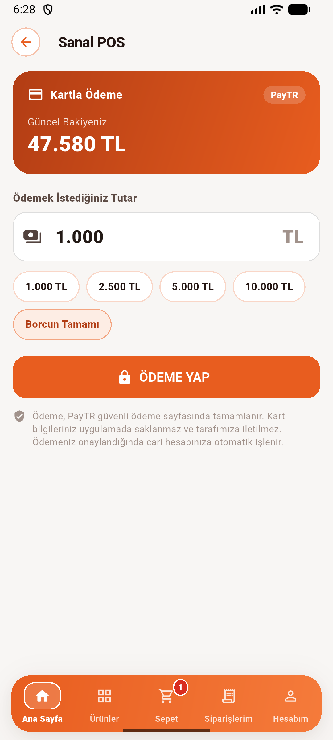 Sanal POS ekranı: tutar girip kartla ödeme