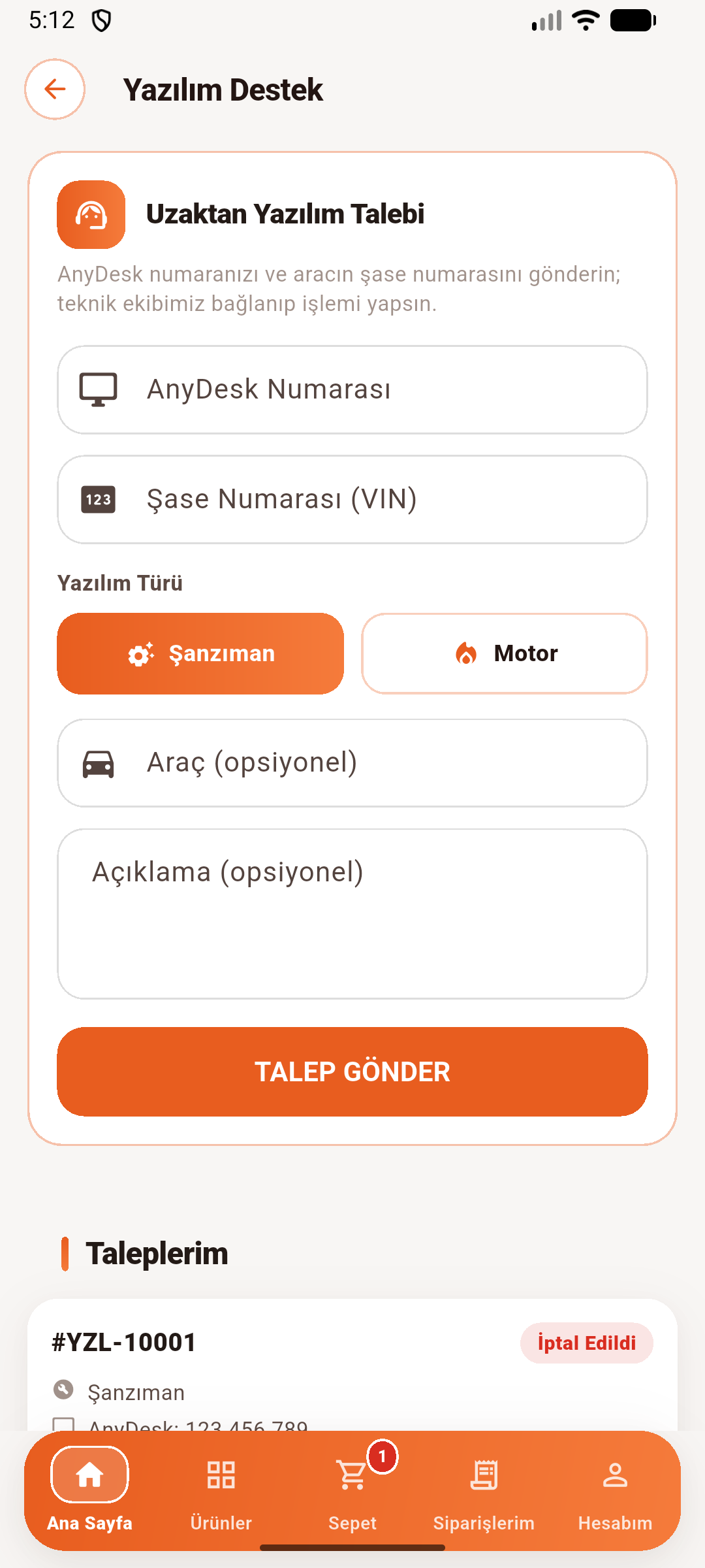 Yazılım destek talebi ekranı: AnyDesk numarası, şase numarası ve yazılım türü